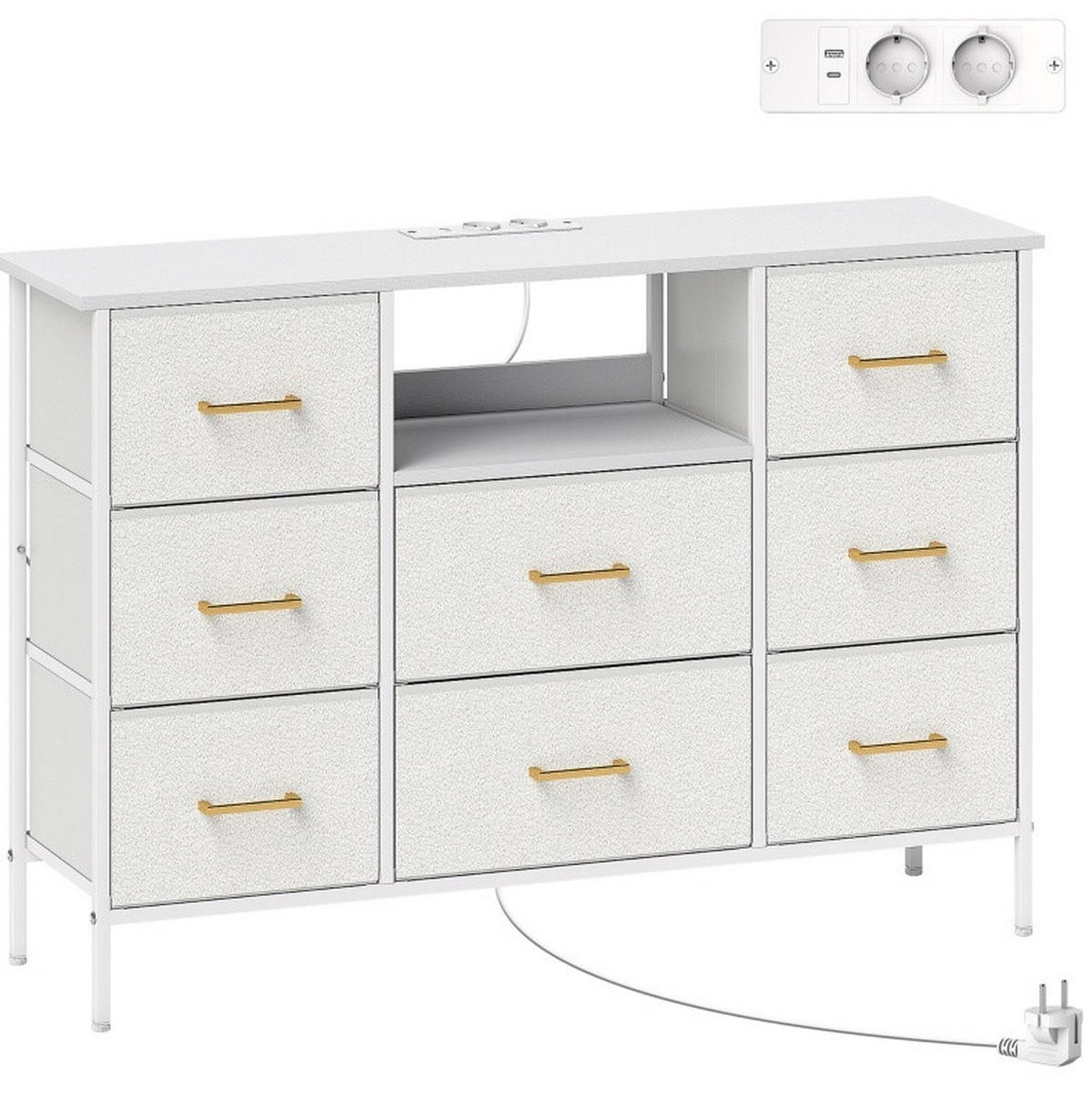 KOMMODE aus Polyester 110x30x76 cm Cremeweiß mit 8 Schubladen, Ladestation und Bouclé-Oberfläche - Creme, Holzwerkstoff (110/76/30cm) - Modfu