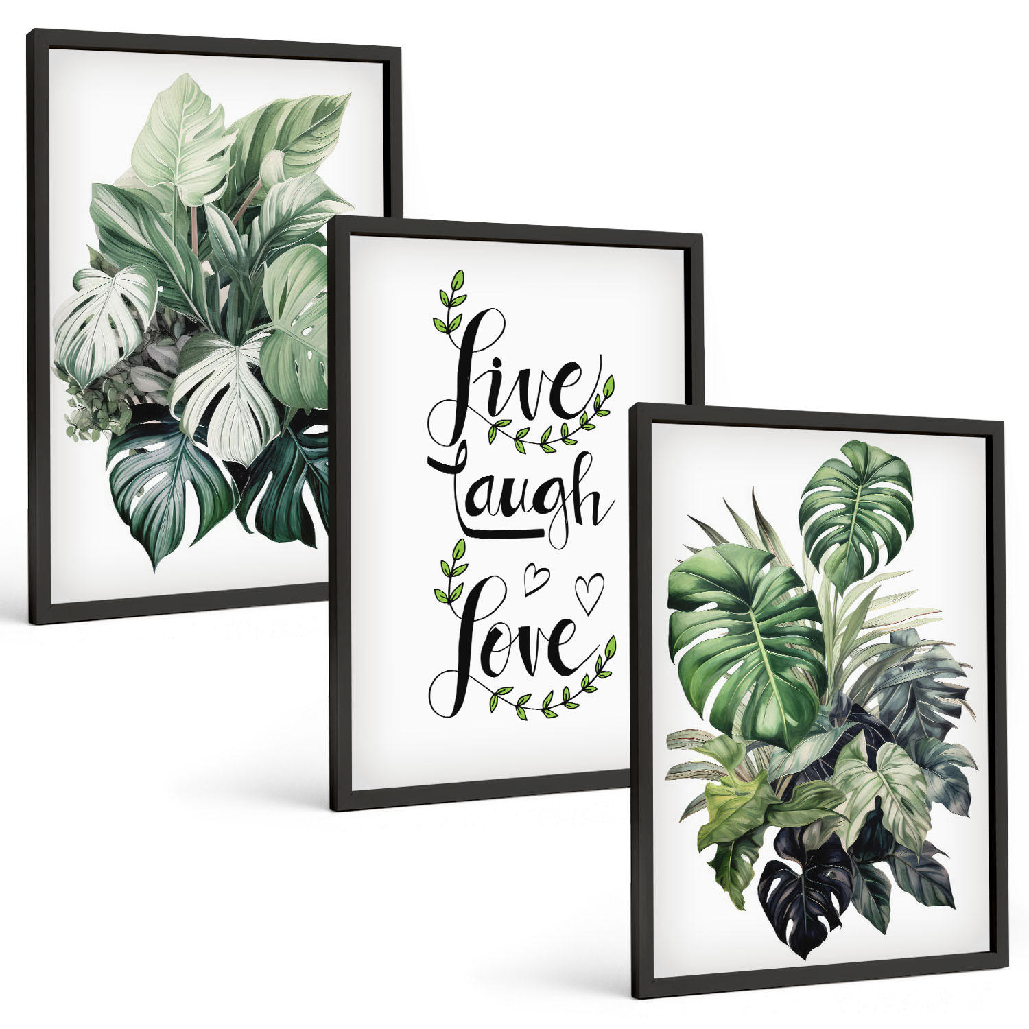 BILDER SET 3er Set - 40x60 cm Schwarzer Rahmen - Blattpflanzen leben, lachen, lieben - Schwarz, Kunststoff (40/60cm) - TULUP