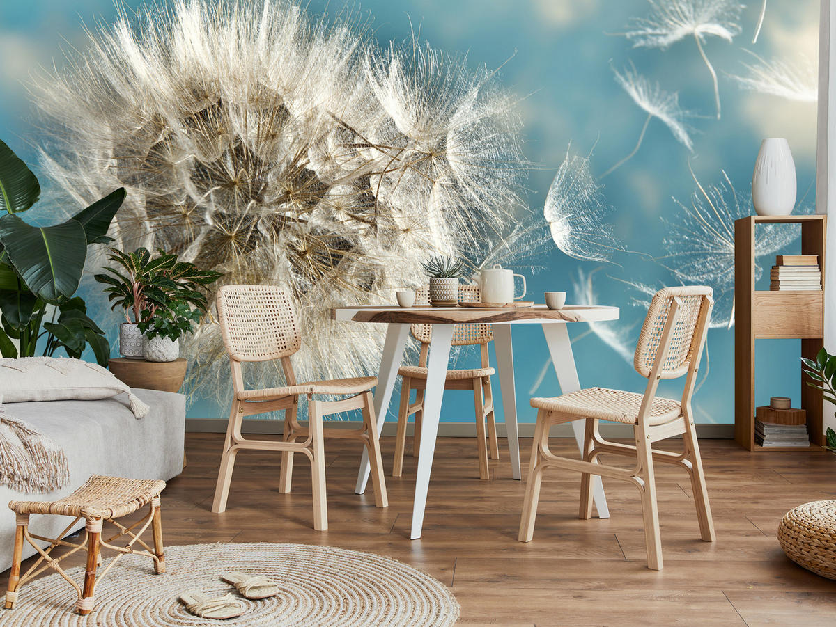 FOTOTAPETE für Schlafzimmer Löwenzahn im Wind Leicht Dynamisch 300x210 - Blau/Beige, Papier (300/210cm) - Muralo