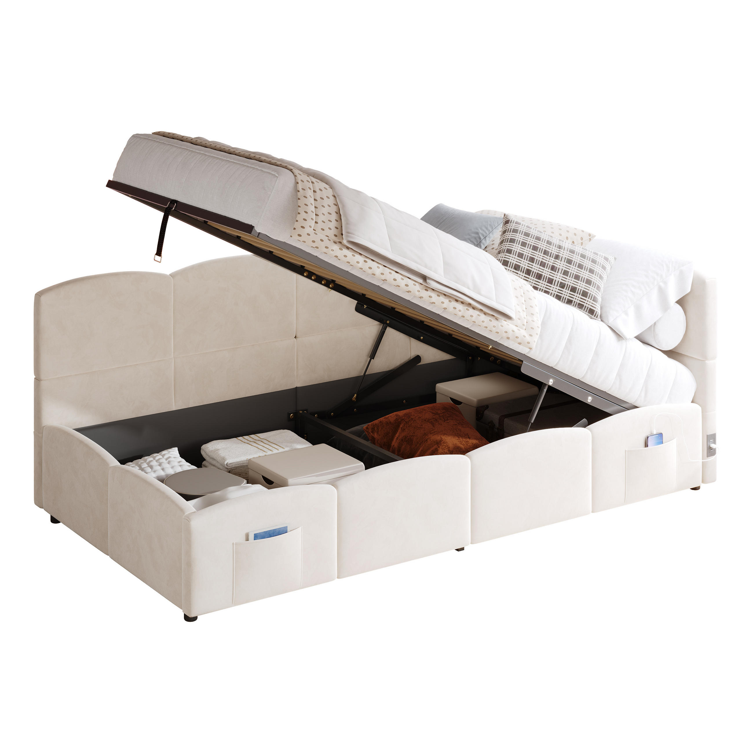 KINDERBETT Beige Samt 90x190 USB Stauraum Lattenrost - Beige, Textil (90/190cm) - FLIEKS