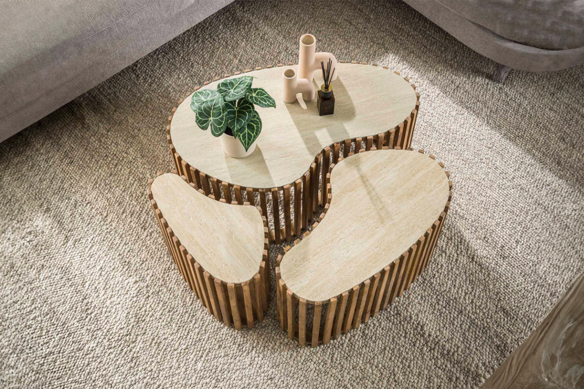 COUCHTISCH-SET LIMAY Weiß Keramik - Braun/Weiß, Mangoholz/Keramik (90/52/40cm) - KAWOLA