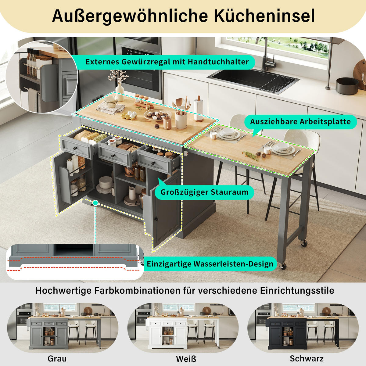 KÜCHENINSEL 112-188/45/92 cm Grau mit 3 Schubladen, Gewürzregal und Rollen - Grau, Holz (45/92/124.3cm) - Oxeza