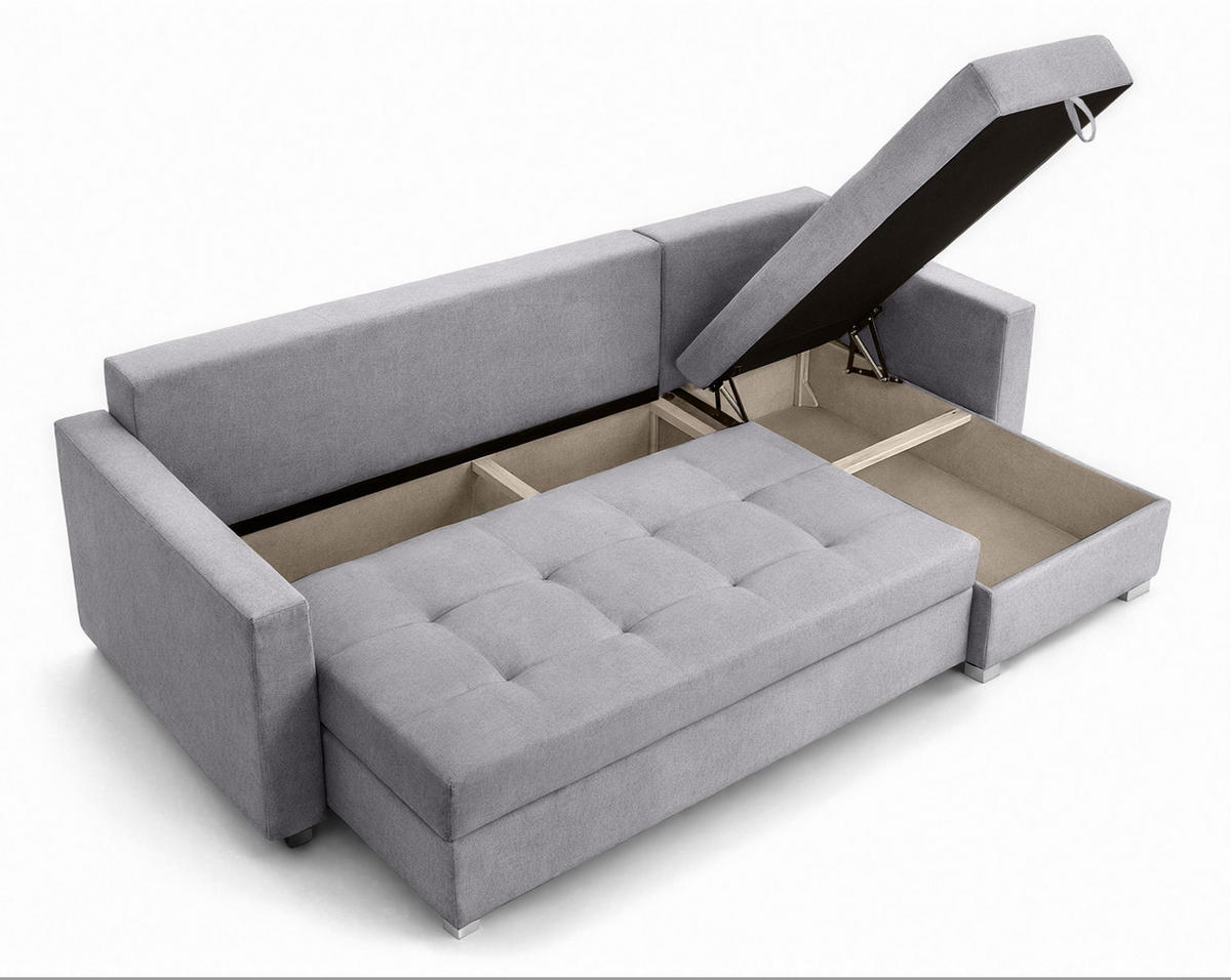 ECKSOFA Universelle L Form Elif Hellgrau 220/140/85 cm stilvolle mit Schlaffunktion - Silberfarben/Hellgrau, Kunststoff/Textil (220/140cm) - AX Living