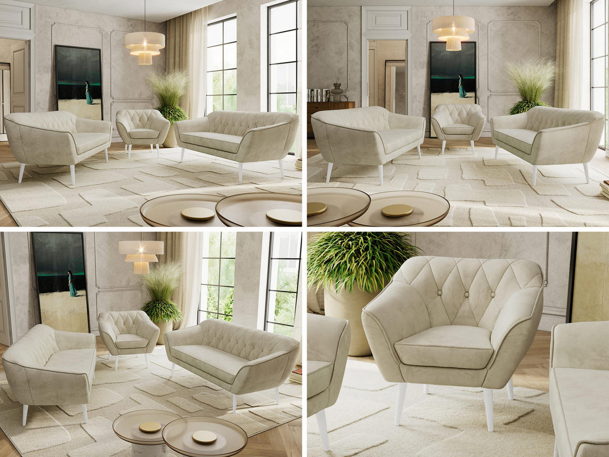 SITZGARNITUR PIRS 3+3+1 - Beige Velvet - Weiße Beine - Beige/Weiß, Holzwerkstoff/Textil (180/75/74cm) - MKS