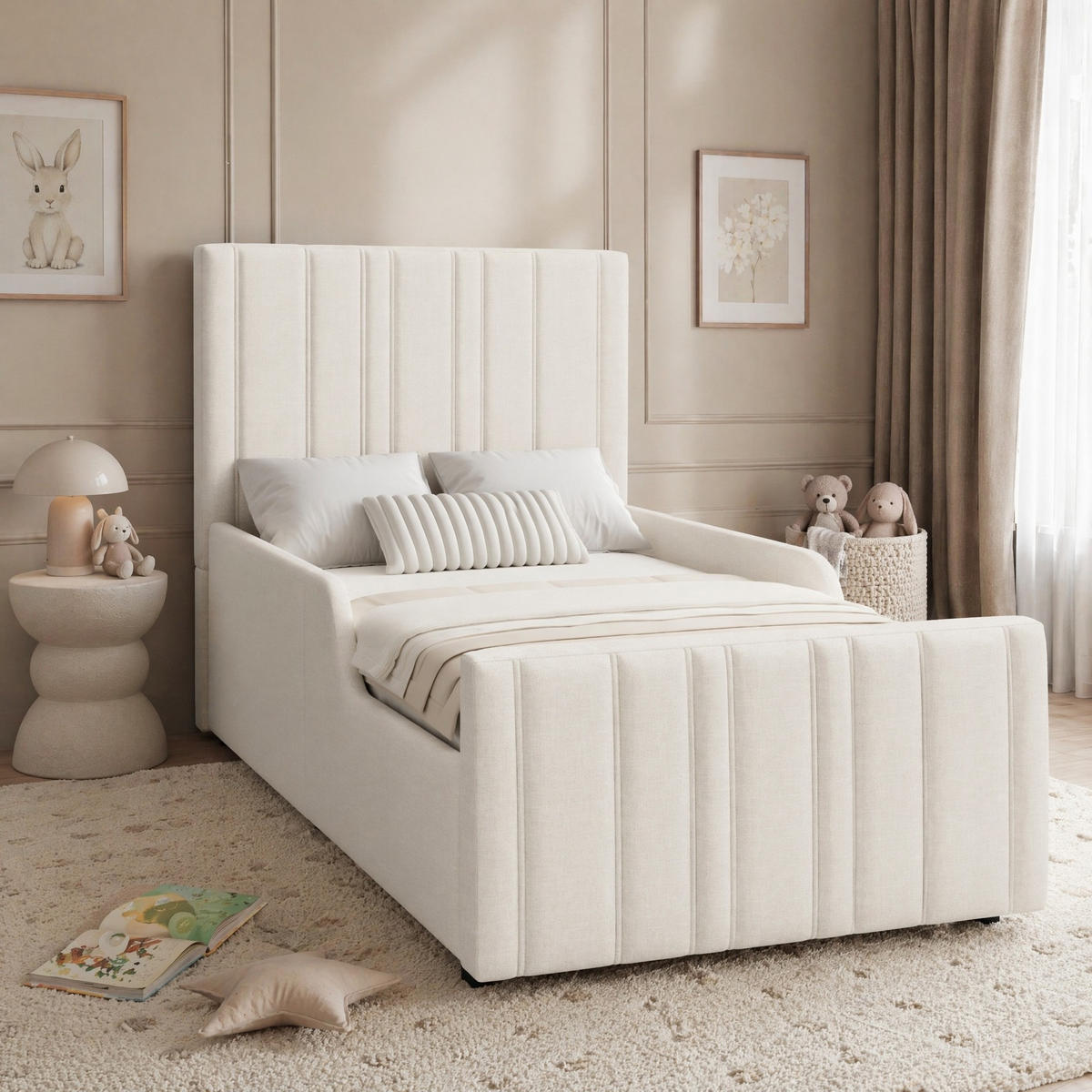 POLSTERBETT 90/200 mit Bettkasten, hydraulischem Stauraum und gepolstertem Kopfteil in Beige - Beige, Holzwerkstoff/Textil (90/200cm) - EVRYAE