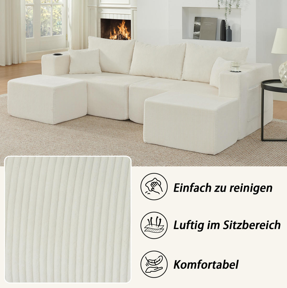 SOFA modulares Ecksofa 3-Sitzer Cord Beige mit 2 Ottomanen - Beige, Kunststoff (230/75/138cm) - IVMEU