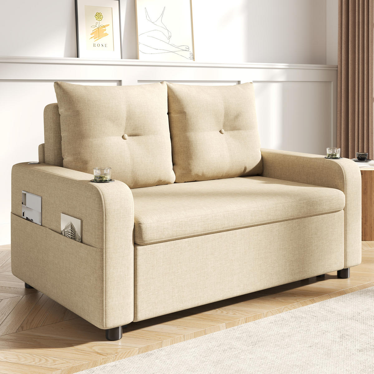 SCHLAFSOFA 3-in-1 Cotton-Linen mit USB-Anschluss und Getränkehaltern Beige 131/81/94 cm - Beige, Textil (81/94/131cm) - Redom