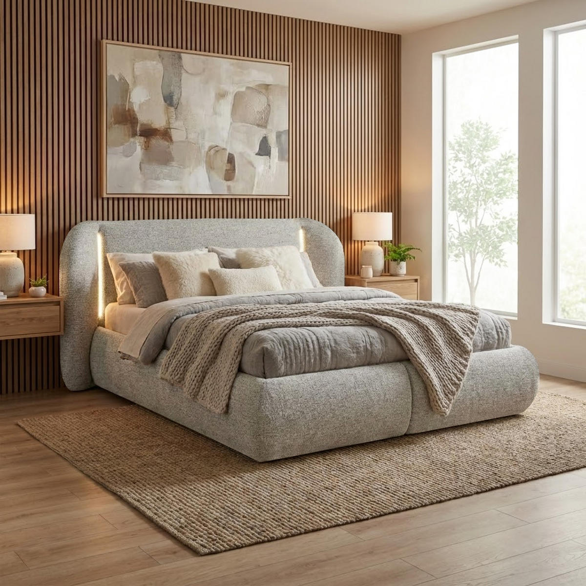 POLSTERBETT Corfu, LED-Beleuchtung, Bettkasten und Taschenfedernmatratze 26 cm, 160x200, Cappuccino - Cappuccino, Textil (160/200cm) - Beautysofa