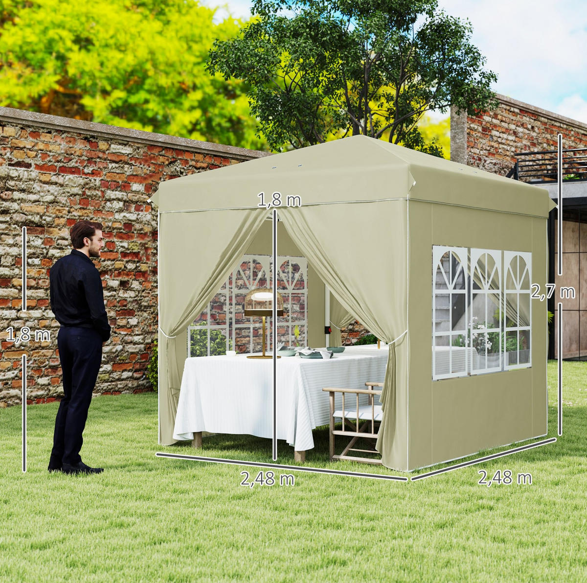 PAVILLON 248/248/270 cm cremeweiß aus Polyester höhenverstellbar - Beige, Textil (248/270/248cm) - OKWISH
