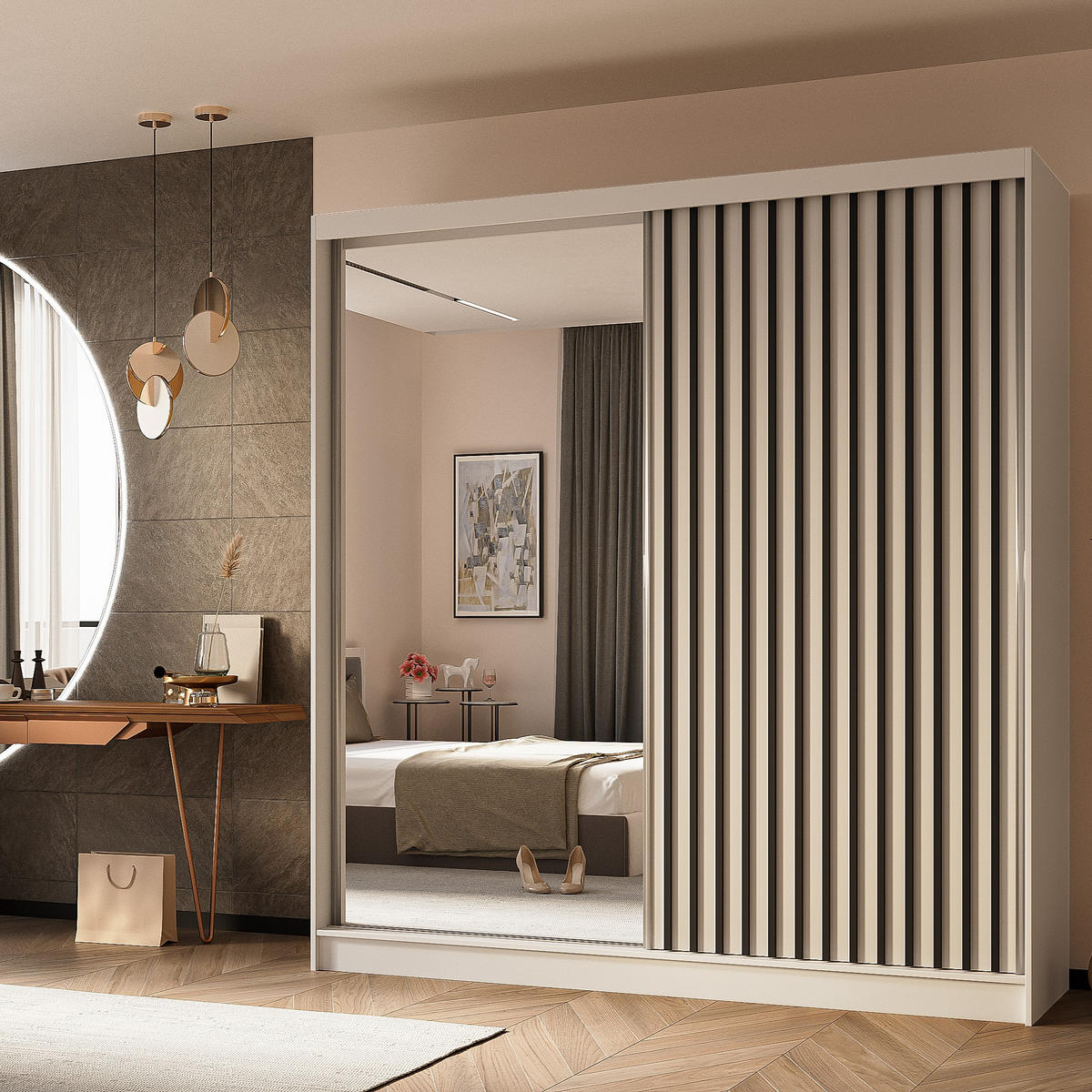 SCHWEBETÜRENSCHRANK LAMELLO 200/216/61 cm 2-türig mit Spiegel Weiß - Weiß, Holzwerkstoff (200/216/61cm) - MASSENO