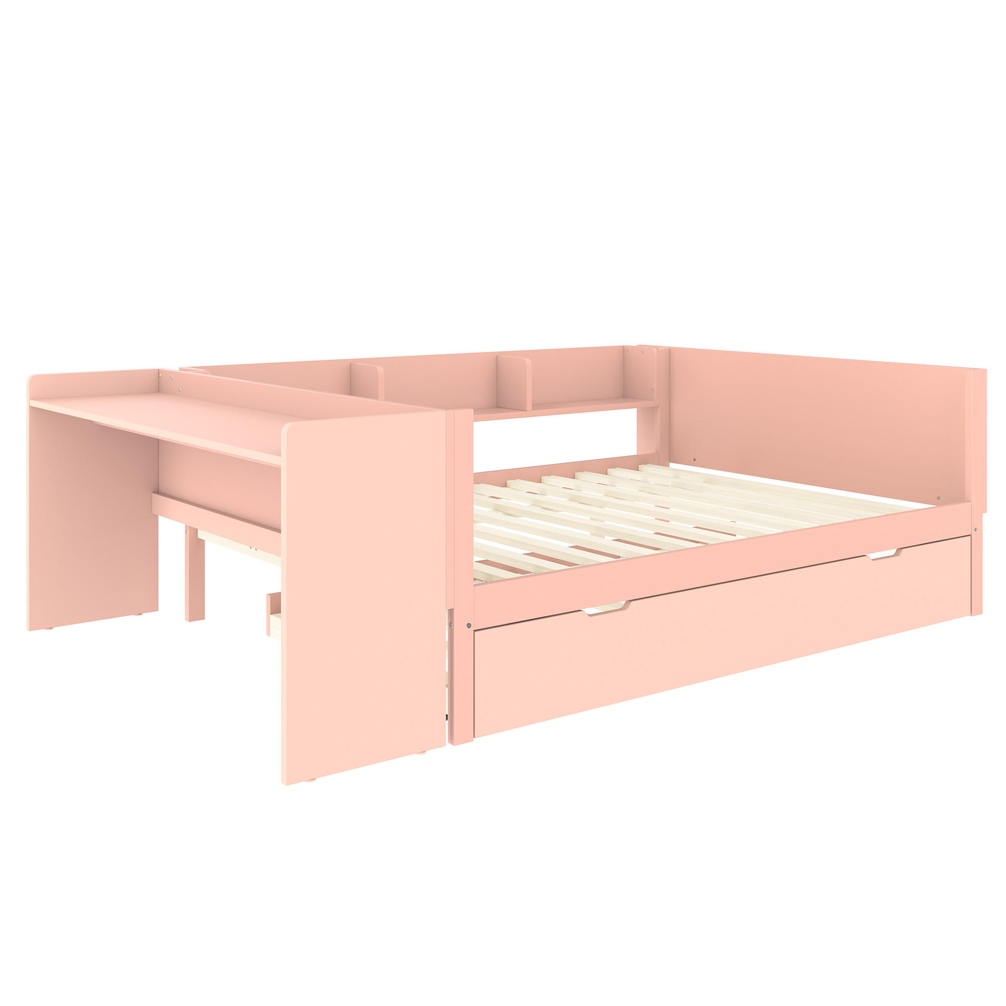 HOLZBETT 140/200 cm DE-04768, mit Schreibtisch, Rollbett und Regalen in Rosa - Pink, Holz/Holzwerkstoff (140/200cm) - ComfortXL