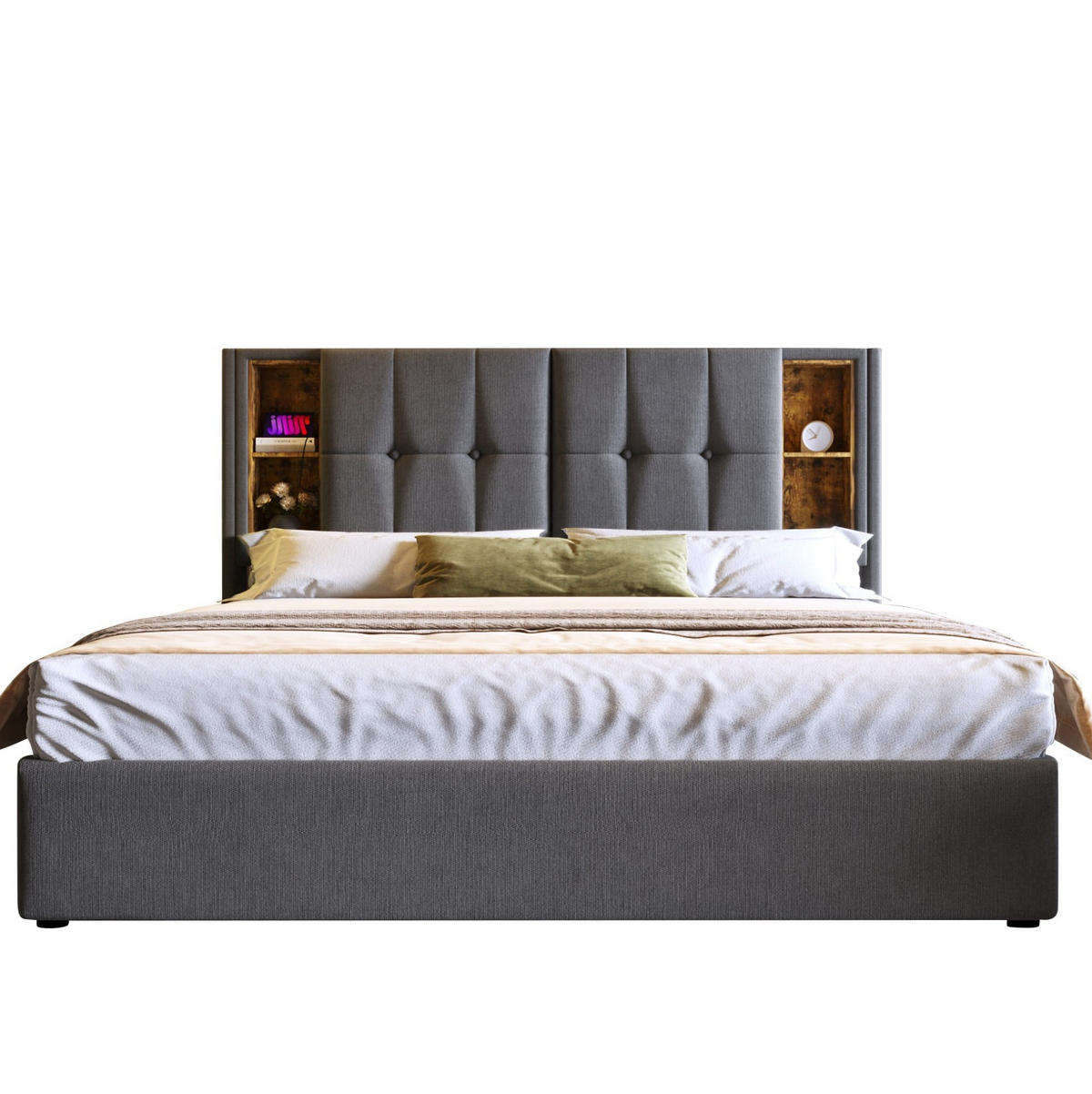 POLSTERBETT 160/200 cm Grau mit Stauraum und USB- & Type-C-Anschlüssen - Grau, Textil (160/200cm) - Flora Grace