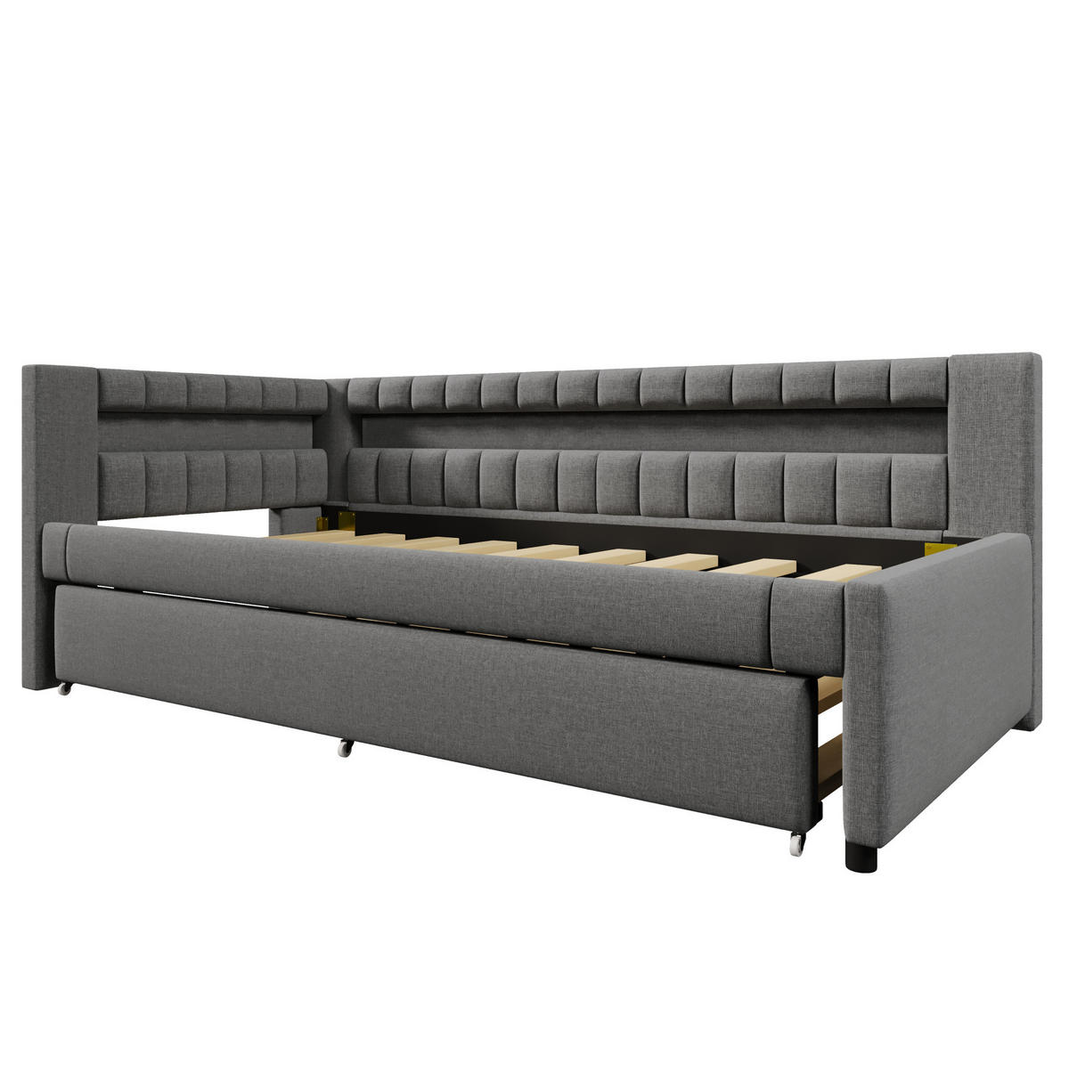 ČALOUNĚNÁ postel 90/200 cm z lnu s LED osvětlením, výsuvným lůžkem a USB + Type-C, Šedá - šedá, textil (90/200cm) - Redom