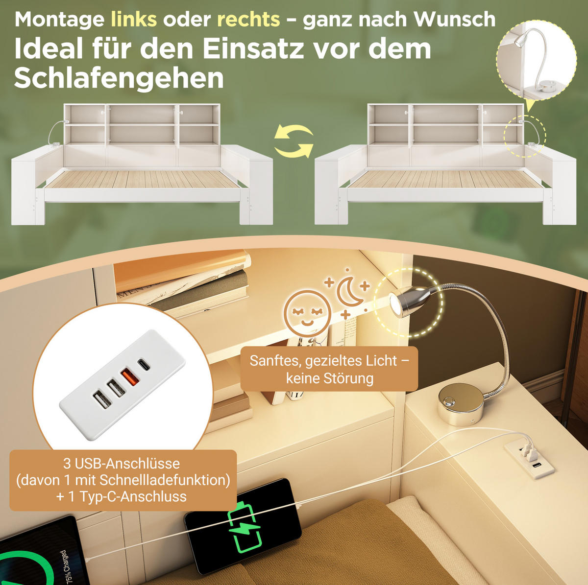 DENNÁ posteľ 90/200 cm biela s výsuvným lôžkom, úložným priestorom a USB portmi z MDF a preglejky - biela, kompozitné drevo (90/200cm) - OKWISH