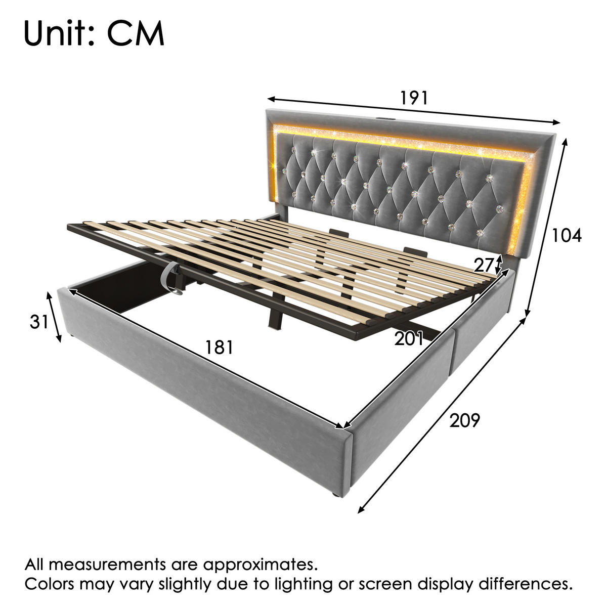 POLSTERBETT 180/200 cm Grau mit LED-Diamantstreifen USB- und Type-C-Anschlüssen, hydraulischem Stauraum - Grau, Textil (180/200cm) - OKWISH