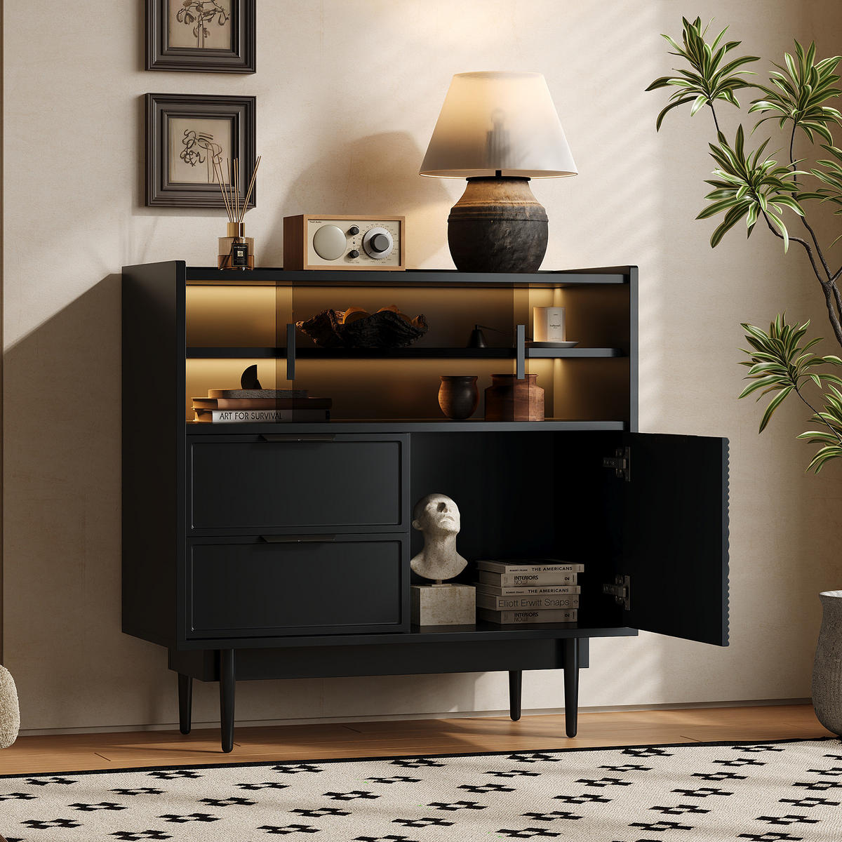 VITRINE 80x35x80 cm Schwarz mit Glasschiebetüren & LED-Lichtleiste - Schwarz, Holzwerkstoff (80/80/35cm) - Modfu