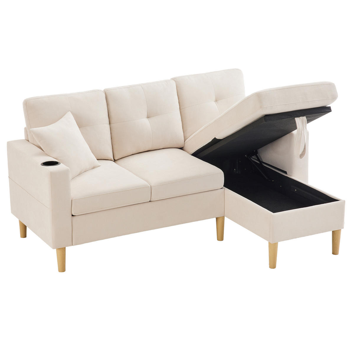 ECKSOFA 175/129/90 cm Beige aus Baumwoll-Leinen mit Stauraum - Beige, Textil (129/175cm) - OKWISH