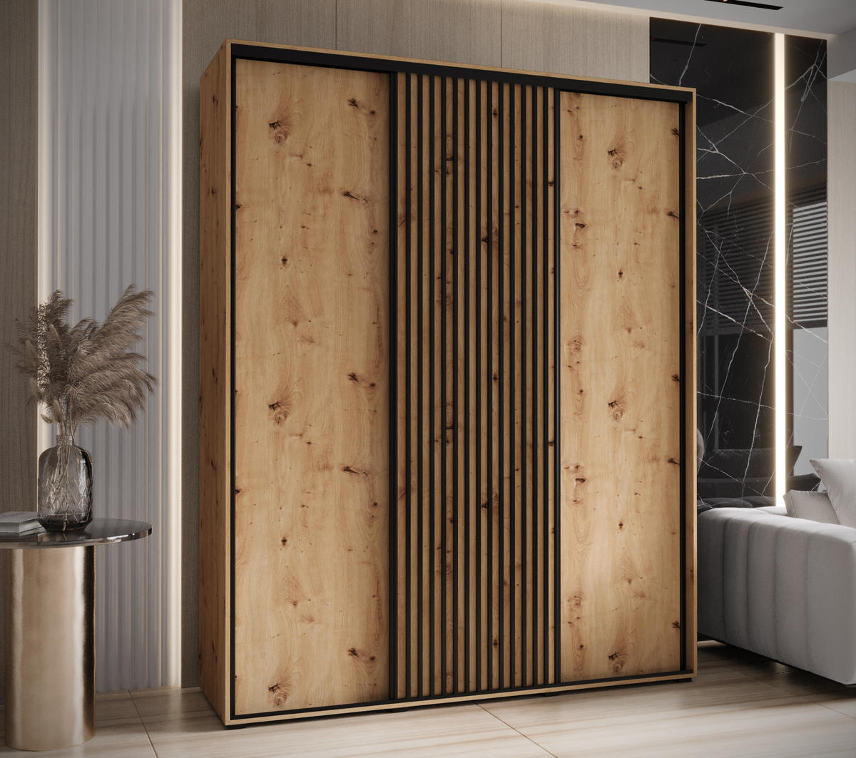 SCHWEBETÜRENSCHRANK 235,2/200/45 3-türig - Schwarz/Eiche Artisan, Holz/Metall (200/235/45cm) - Abiks Möbel