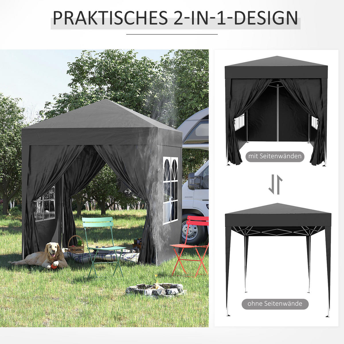 FALTPAVILLON, Blau, Stahl, Oxford-Stoff - Schwarz, Metall (200/240/200cm) - Outsunny