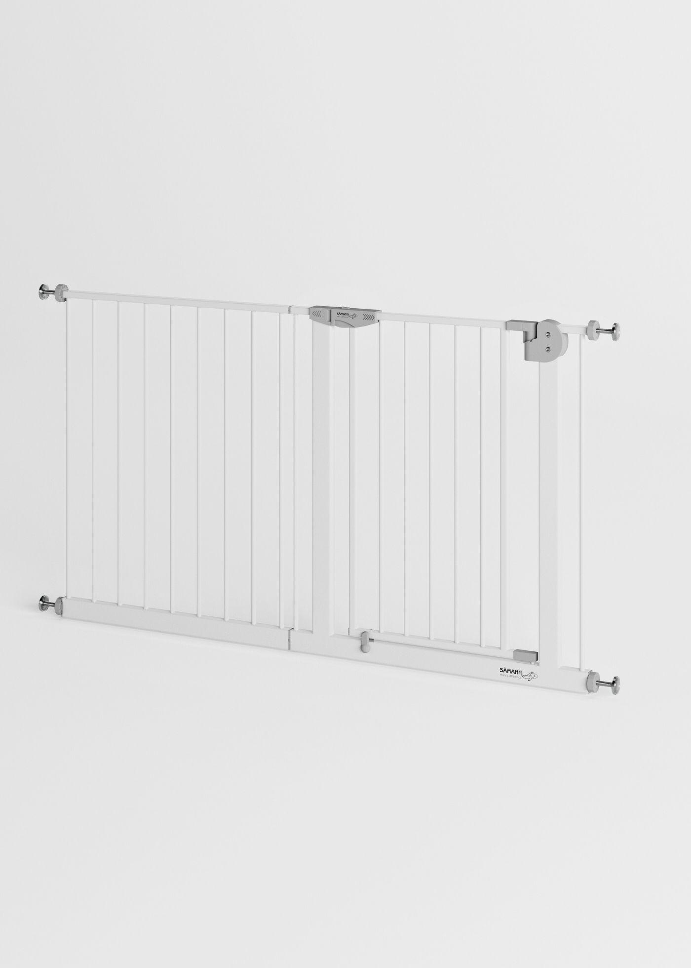 TÜRSCHUTZGITTER & Treppenschutz mit 4x Elefantenfuß, Tür mit 90° Stop, ohne Bohren 135-145 cm - Weiß, Metall (145/5cm) - Sämann – make a difference.