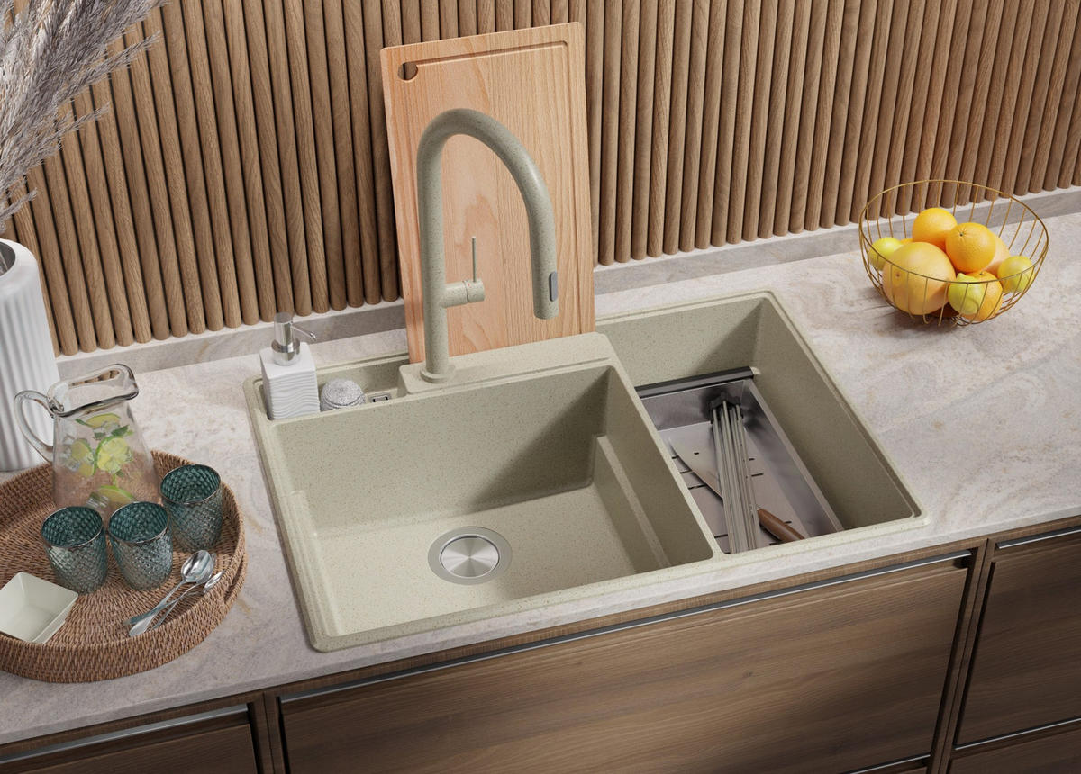 SPÜLBECKEN Paris, 2-er set Beige 78/53 cm 2 Becken + Ablauf-Set + Küchenzubehörset ab 80er Unterschrank - Chromfarben/Edelstahlfarben, Kunststoff (78/20/53cm) - Primagran