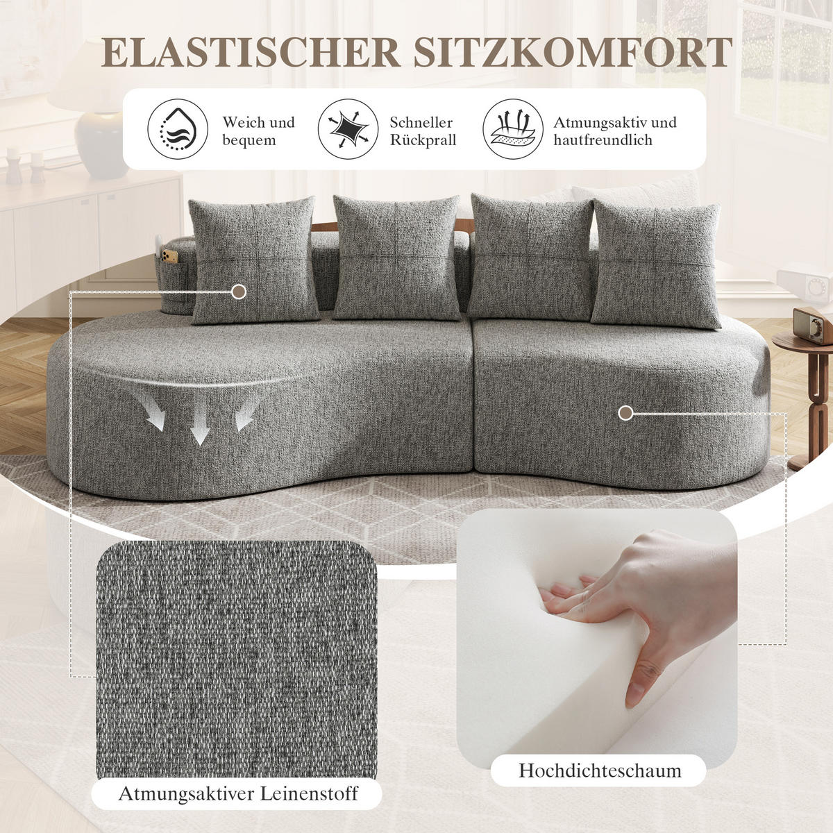 3-SITZER SOFA leinenstoff farbwahl mit getränkehalter & seitentaschen - Hellgrau, Textil (240/63/109cm) - Urban Meuble