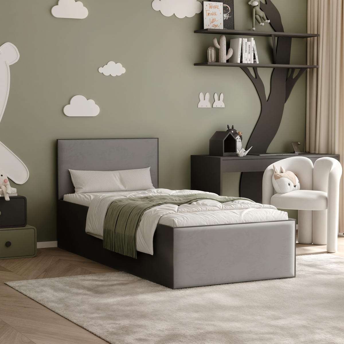 POLSTERBETT SASHI 90/200 cm Bettkasten, ohne Matratze, Schwarz / Grau - Grau, Holz/Holzwerkstoff (90/200cm) - Idohome
