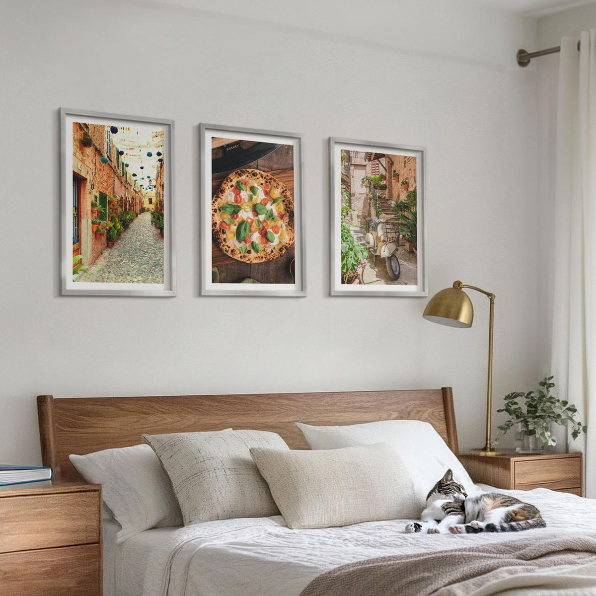 WANDBILDER 3er Set - 40x60 cm Silberner Rahmen - Charmante Straßen mit Pizza - Silberfarben, Kunststoff (40/60cm) - ArtPrintCave