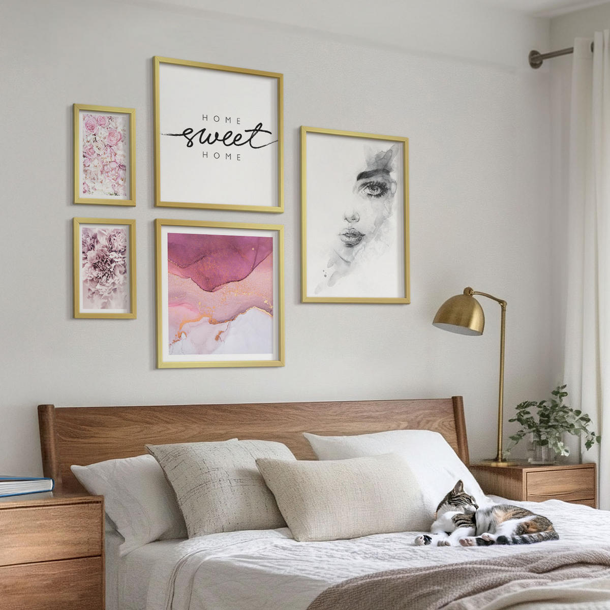 BILDER SET 5er Set - 50x50 cm & 20x30 cm & 40x60 cm Goldrahmen - Zarte Boho-Blätterschrift - Goldfarben, Kunststoff (40/60cm) - TULUP