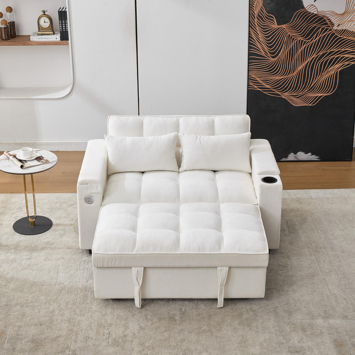 SCHLAFSOFA, Stoff mit USB-Anschluss & verstecktem Tisch, 140,5/74/82 cm, Beige - Beige, Textil (140.5/82/74cm) - Redom