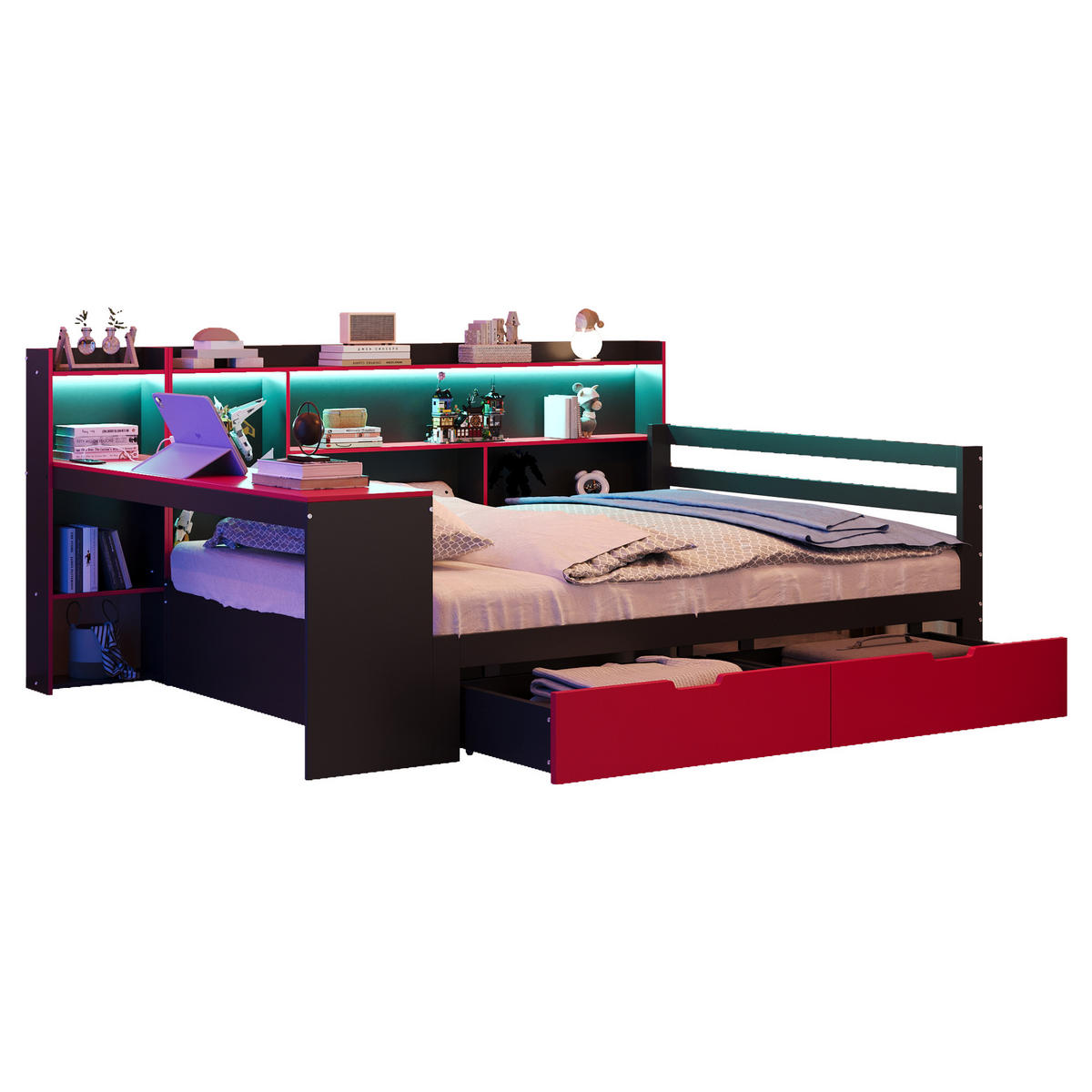 JUGENDBETT 140/200 mit Schreibtisch, Bücherregal und LED-Beleuchtung in Schwarz + Rot - Rot/Schwarz, Holzwerkstoff (140/200cm) - EVRYAE
