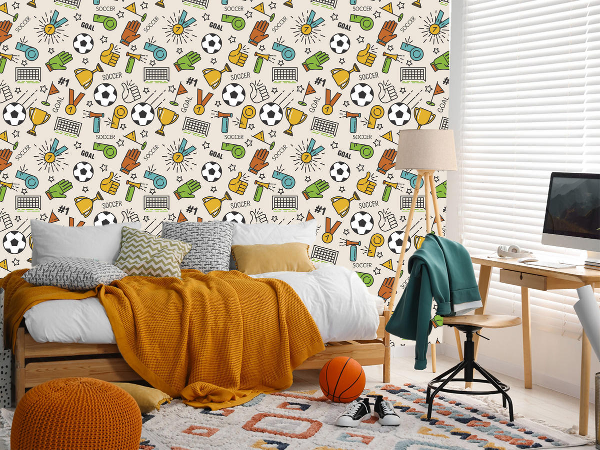 VLIESTAPETE Fußball, Medaillen und Pokale – Bunt, Beige – 50x1000 cm - Beige/Multicolor, Papier (50/1000cm) - Muralo