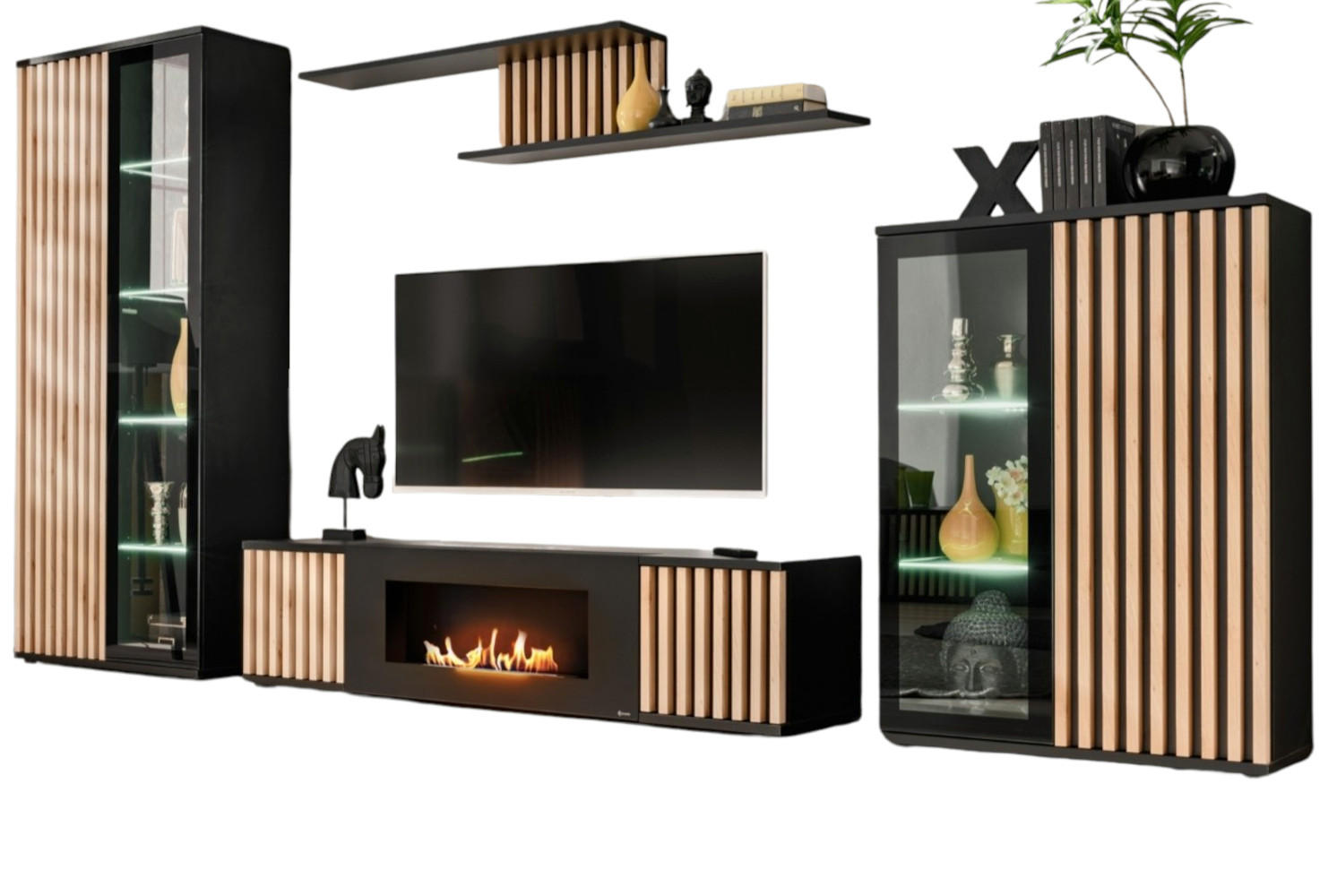 WOHNWAND schwarz, Eiche Jackson 353 cm, Schrankwand mit Kamin - Eichefarben/Schwarz, Glas/Holzwerkstoff (340/192/45cm) - Furn.Design