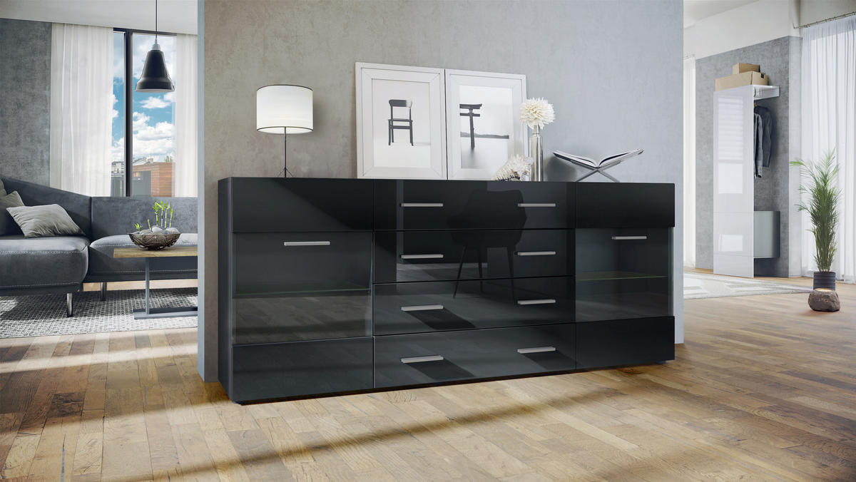 SIDEBOARD Carlos Schwarz Hochglanz - Schwarz Hochglanz, Holzwerkstoff (166/72/35cm) - Vladon