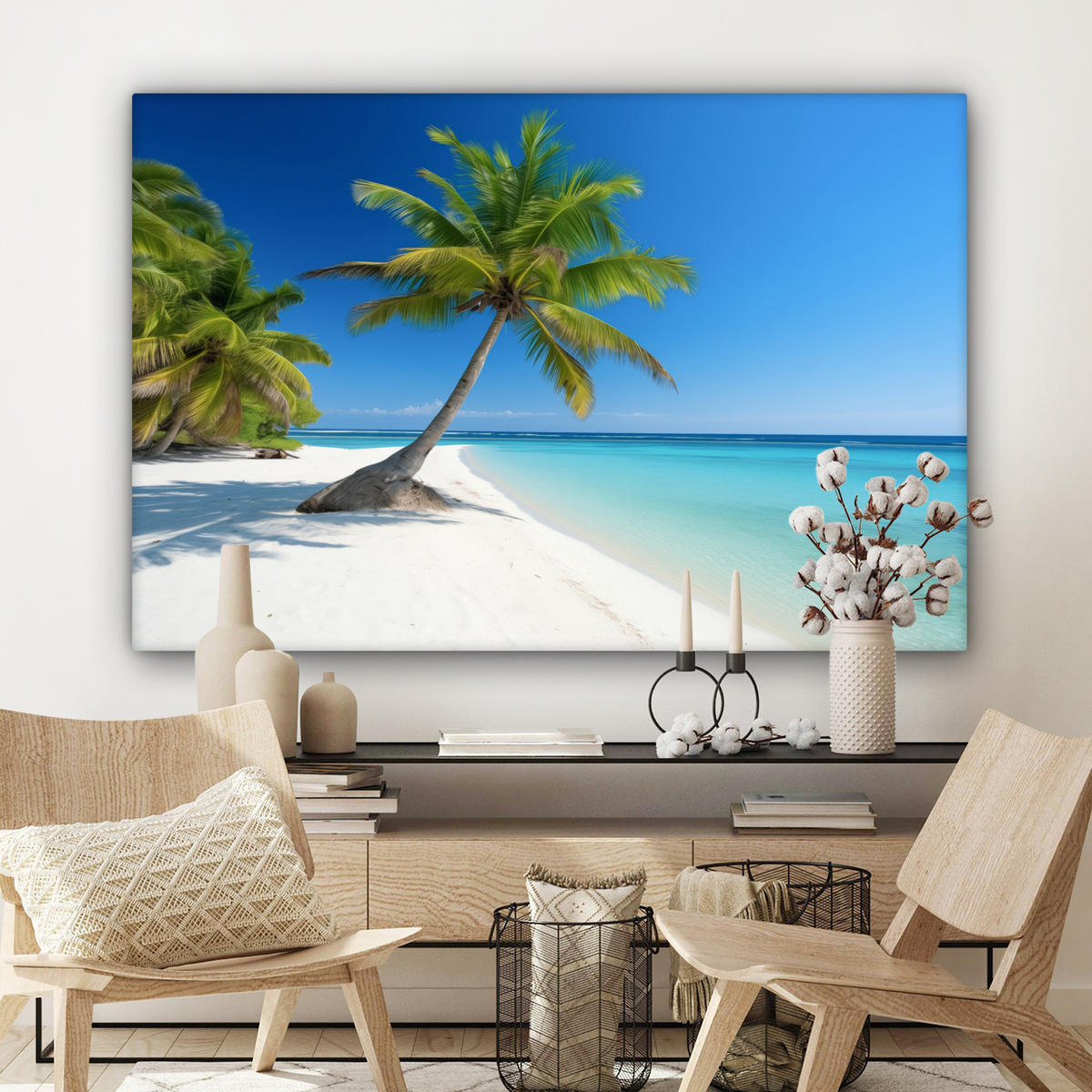 LEINWANDBILD Strand - Palme - Tropisch - Meer Wohnzimmer Groß 120x80 cm - Grün, Textil (120/80cm) - MuchoWow