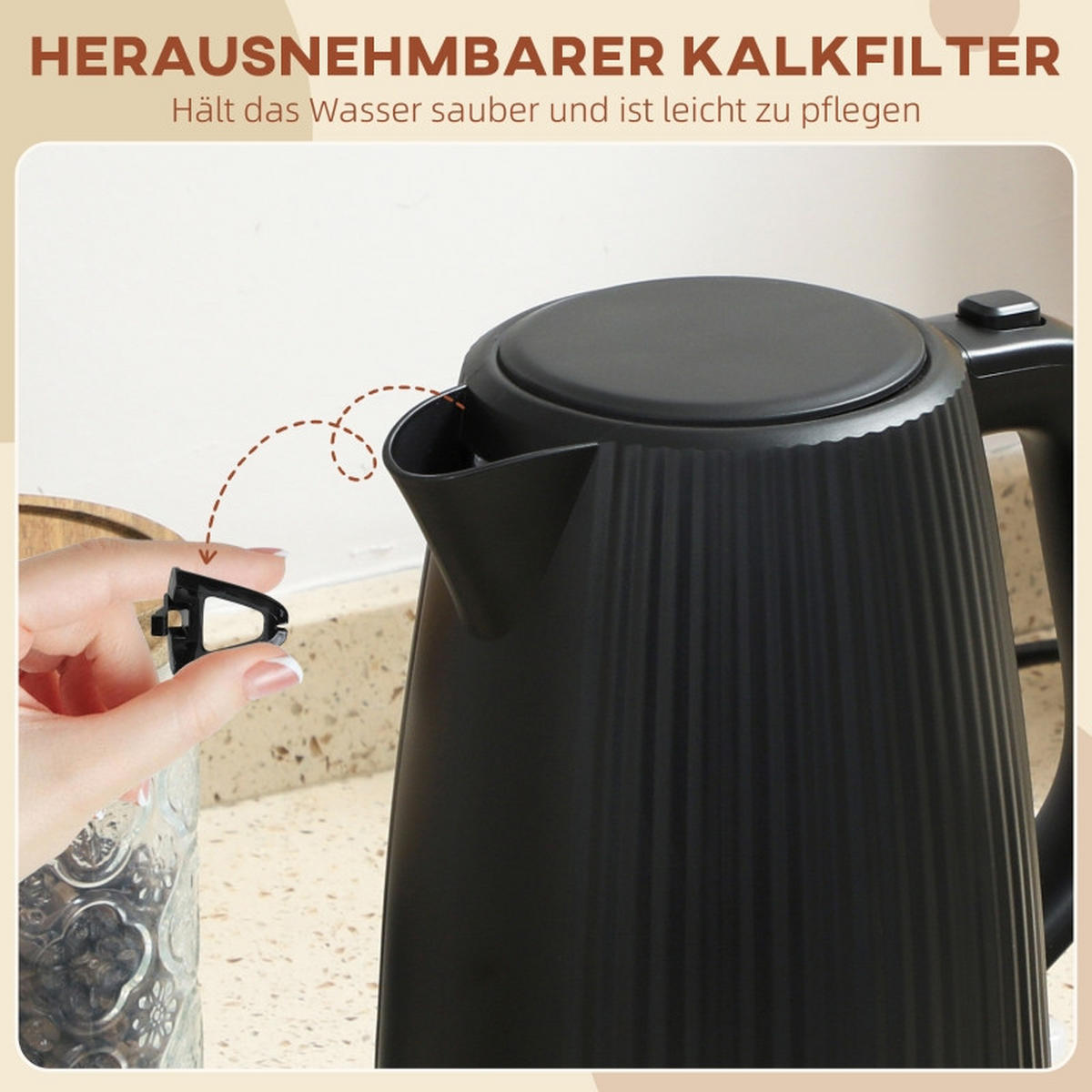 WASSERKOCHER mit 360°‑Basisstation, stilvoller elektrischer Wasserkocher mit automatischer Abschaltung, 1700 ml Fassungsvermögen für Küche, schwarz - Schwarz, Metall (21.4/23.3/15.6cm) - Joyfair