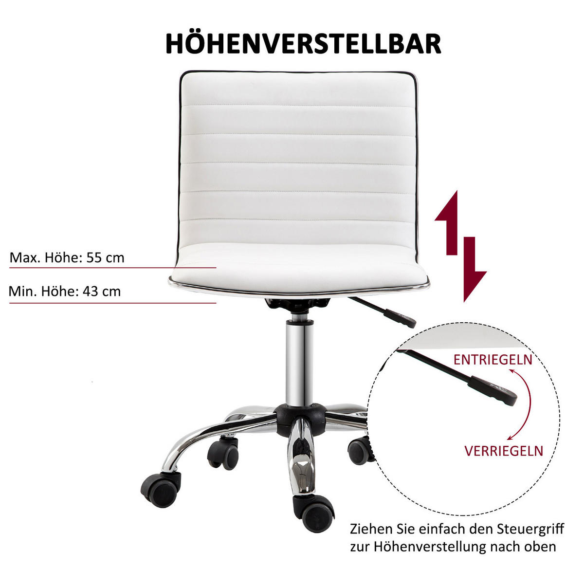 STUHL, höhenverstellbar 43-55 cm, Bonded Leather, 48/52/78-90 cm, weiß - Weiß, Kunststoff (52/90/48cm) - Redom