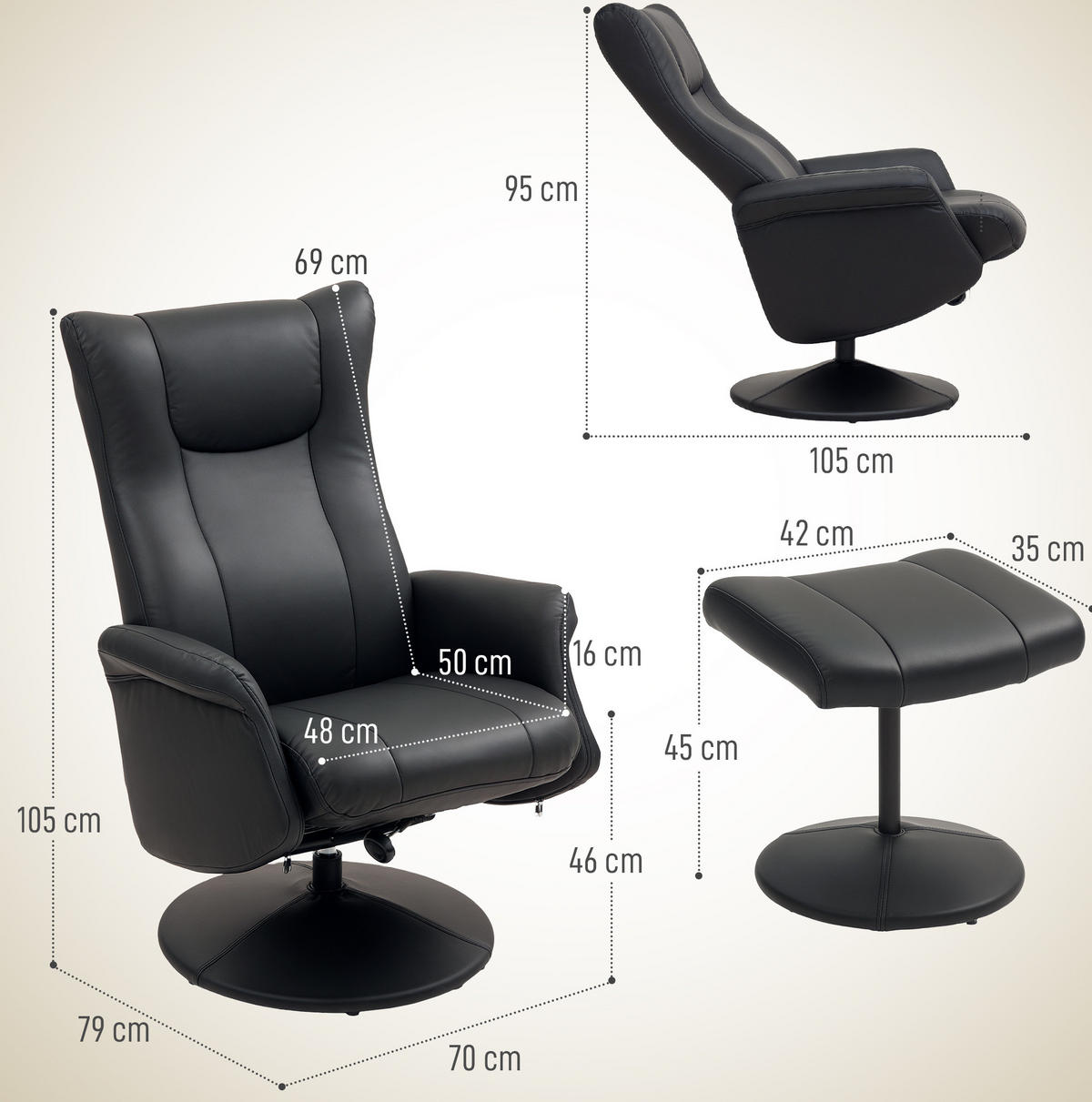 SESSEL 70/79/105 cm mit Hocker, 360°-Drehfunktion & Relaxfunktion - Schwarz, Kunststoff (70/105/79cm) - BEAOK