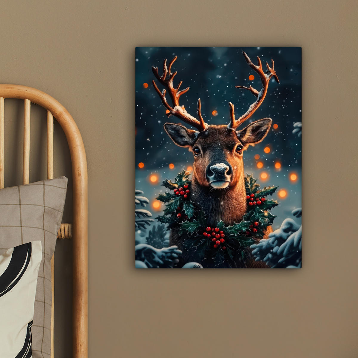 LEINWANDBILD Hirsch - Weihnachten - Winter - Schnee - Weihnachtskranz 30x40 cm - Dunkelbraun, Textil (30/40cm) - MuchoWow