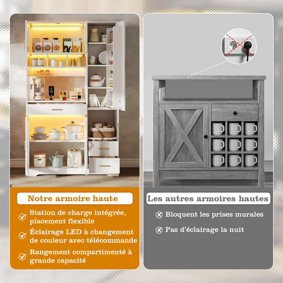 KÜCHENSCHRANK Buffetschrank, SCHEUNENSTIL MIT LED BELEUCHTUNG, Steckdosen, Glastüren, MDF, Vintage, 105/40/185 cm - Weiß, Kunststoff (40/185/105cm) - Rolipo