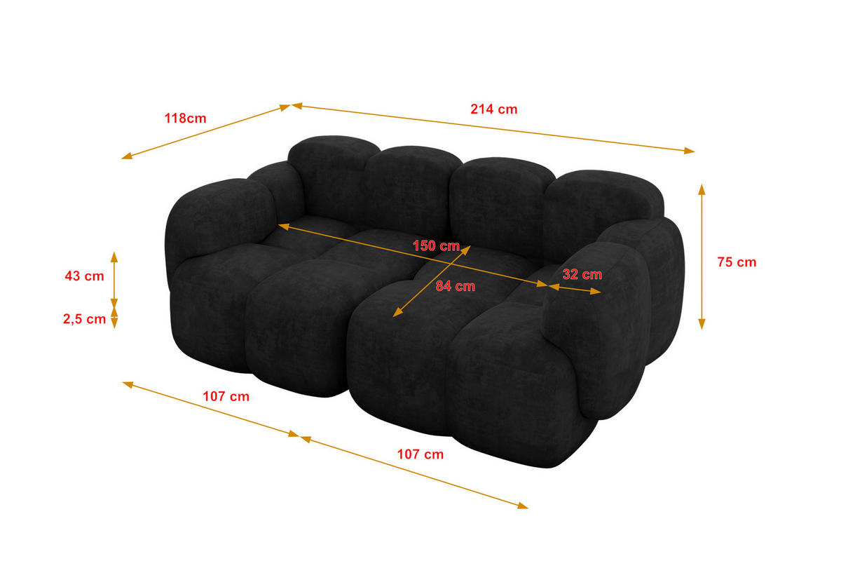 2-SITZER modulares Sofa Miko-S1 214x118x75 cm Schwarz Velours - Schwarz, Holzwerkstoff/Kunststoff (214/75/118cm) - ALTDECOR
