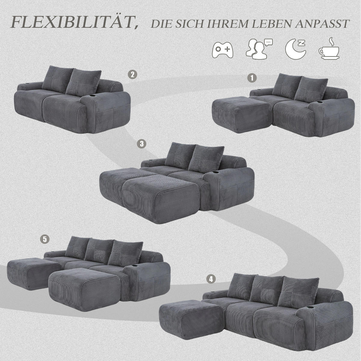 MODULARE Wohnlandschaft 268/174/66 cm in Dunkelgrau mit Cupholder - Dunkelgrau, Textil (174/80/268cm) - BEAOK