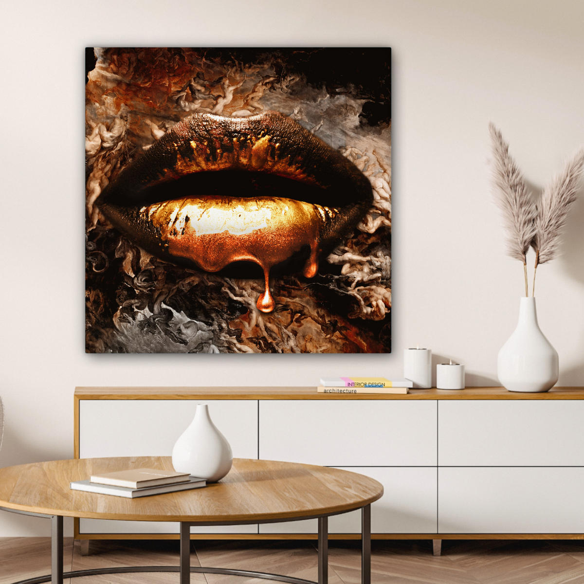 LEINWANDBILD Gold - Lippen - Kunst - Gold - Luxus - Abstrakt 90x90 cm - Kupferfarben, Textil (90/90cm) - MuchoWow