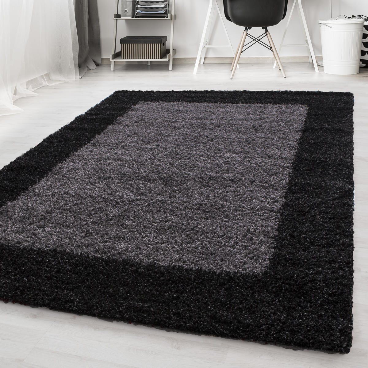 TEPPICH Hochflor einfarbig mit Bordüre Polypropylen Wohnzimmer Anthrazit Läufer 60x110 - Anthrazit, Textil (60/110cm) - KADIMA DESIGN
