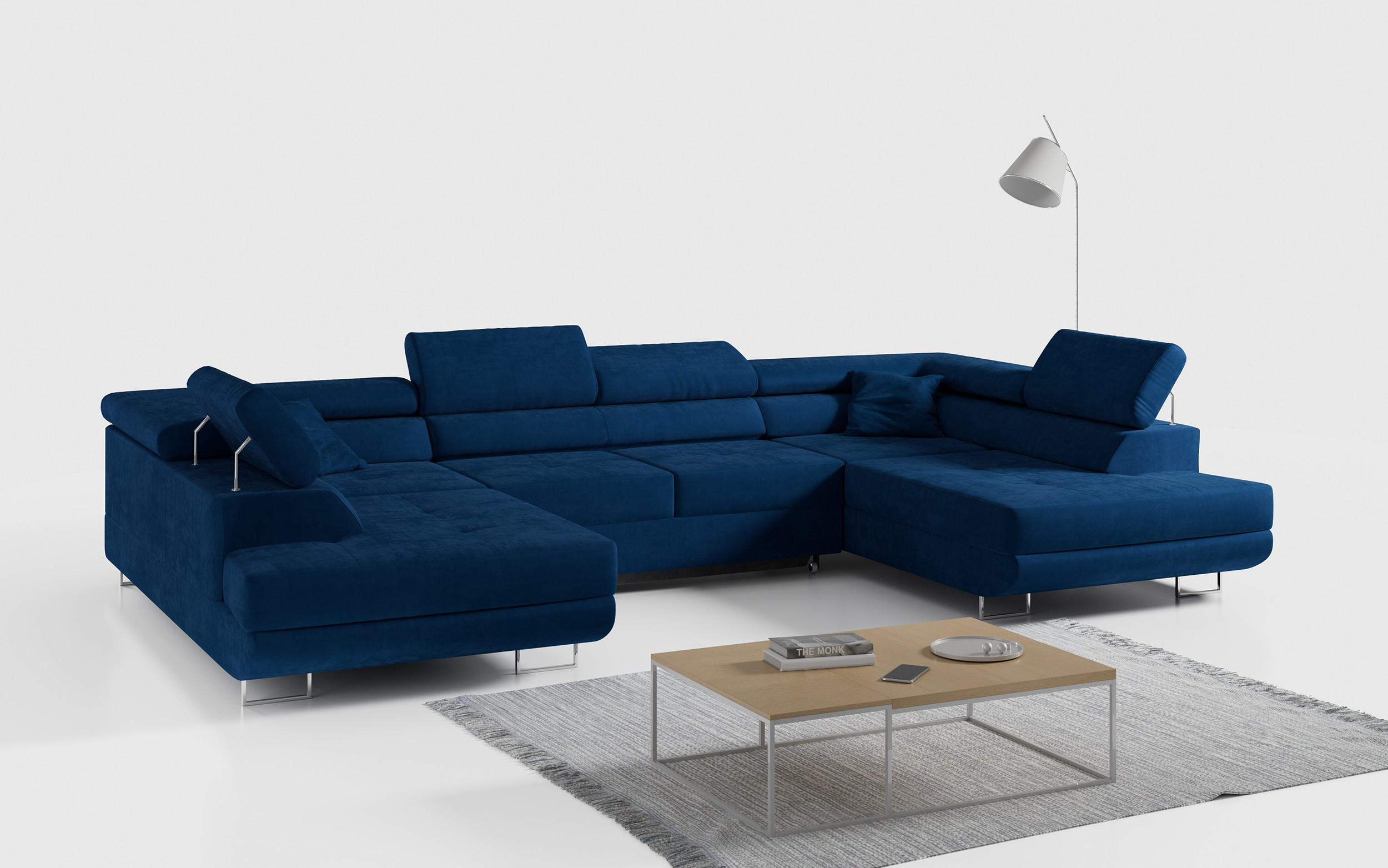WOHNLANDSCHAFT GUSTAW U Dunkelblau Velvet - Silberfarben/Dunkelblau, Textil/Metall (340/55/205cm) - MKS