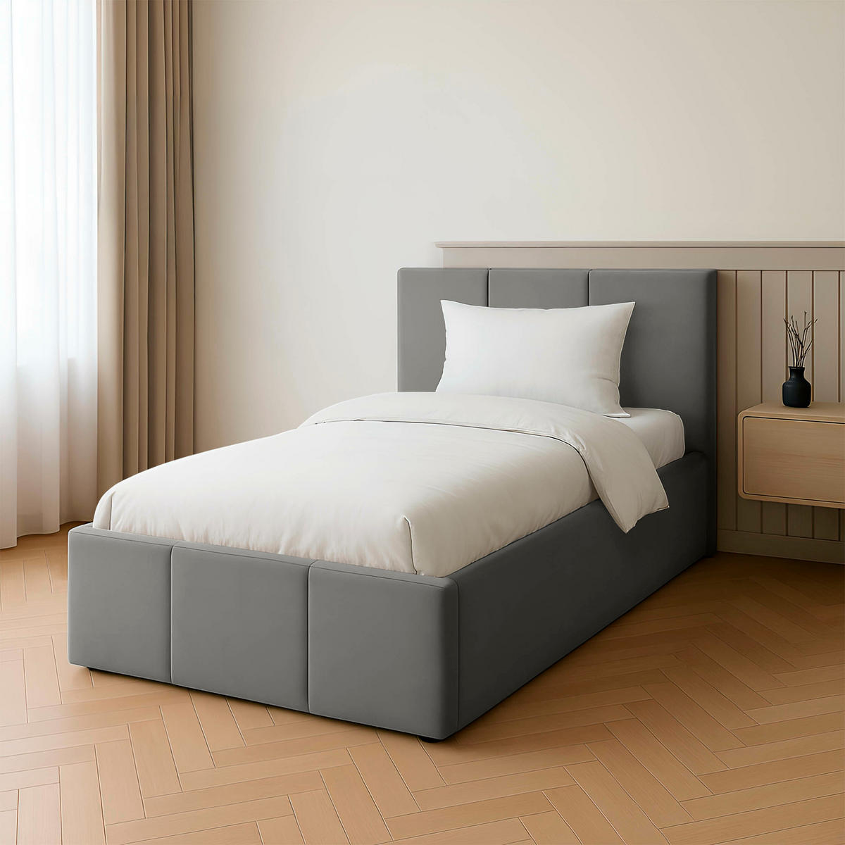 POLSTERBETT für Schlafzimmer Bett mit Stauraum Grau 90x200cm Kopfteil 110cm - Grau, Holzwerkstoff/Metall (90/200cm) - Muralo