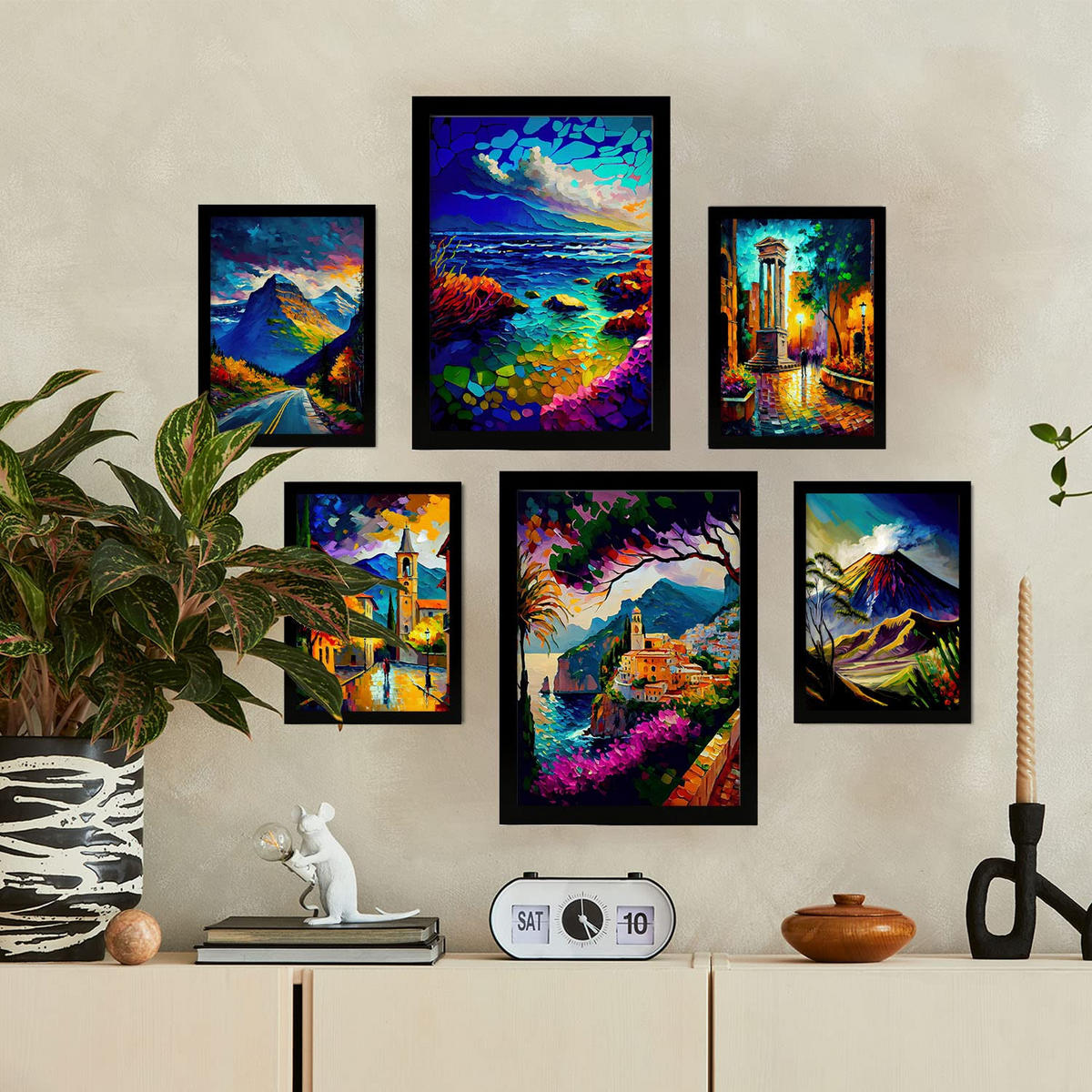 POSTER Set Mit 6 Berge Im Ölgemälde Stil A3 & A4 Schwarzer Rahmen - Schwarz, Papier (29/3cm) - Nacnic