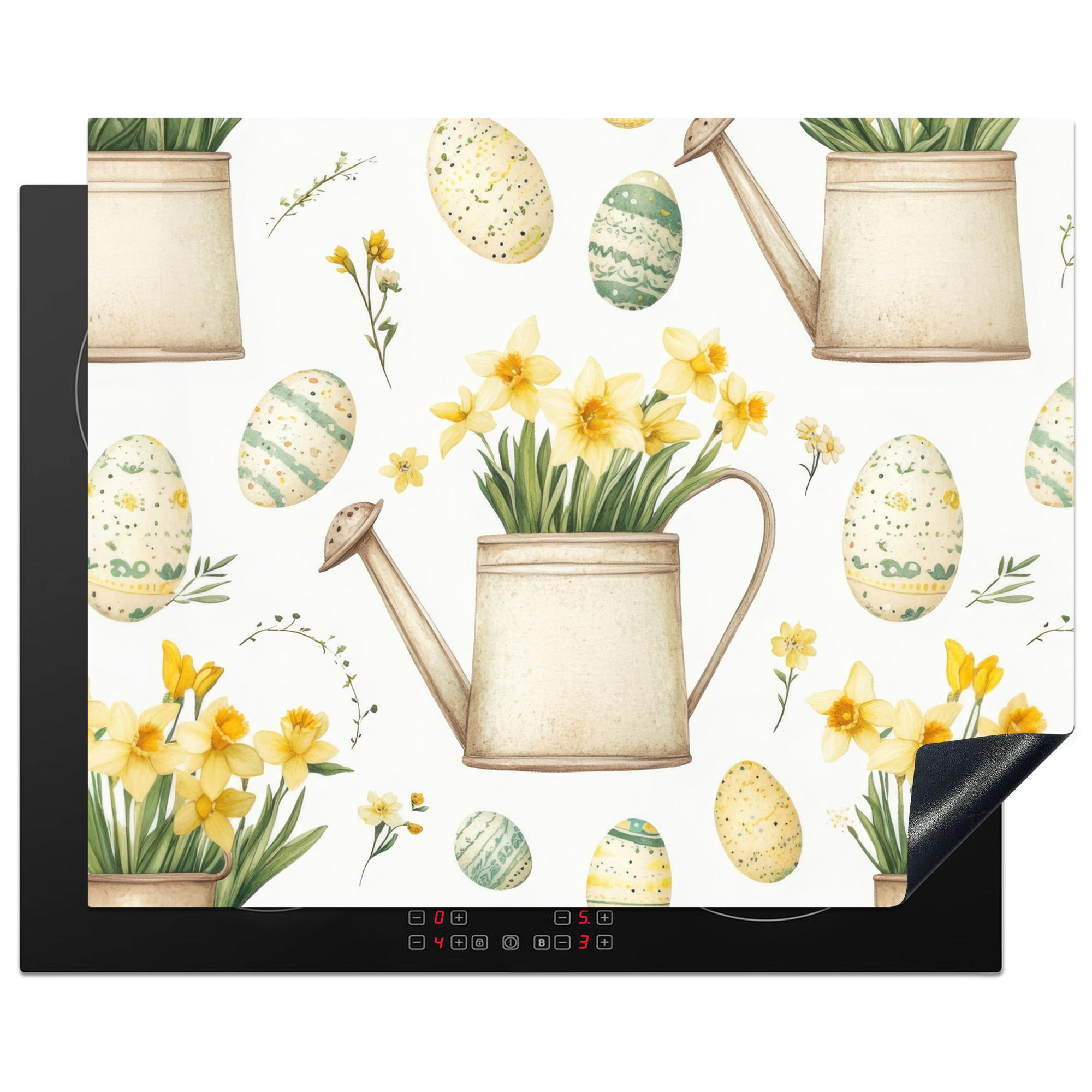 HERDABDECKPLATTE Gießkanne - Blumen - Eier Herdabdeckung Induktionsfeld 65x52 cm - Weiß, Kunststoff (65/52/0.2cm) - MuchoWow