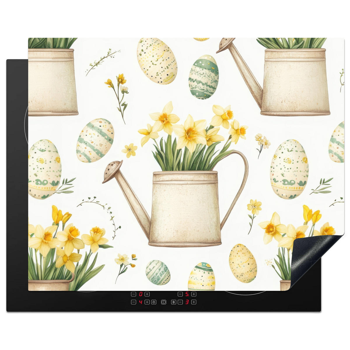 HERDABDECKPLATTE Gießkanne - Blumen - Eier Herdabdeckung Induktionsfeld 65x52 cm - Weiß, Kunststoff (65/52/0.2cm) - MuchoWow