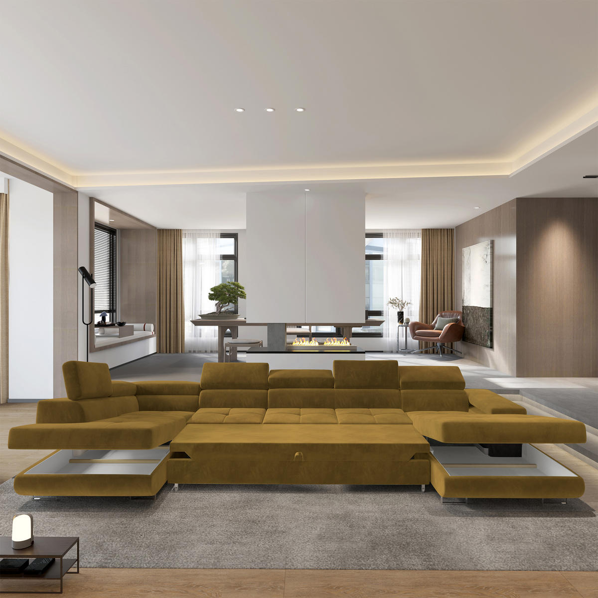 WOHNLANDSCHAFT TORIVA L-S Gelb Velours-Stoff mit Schlaffunktion - Gelb, Holz (418/90/202cm) - MASSENO